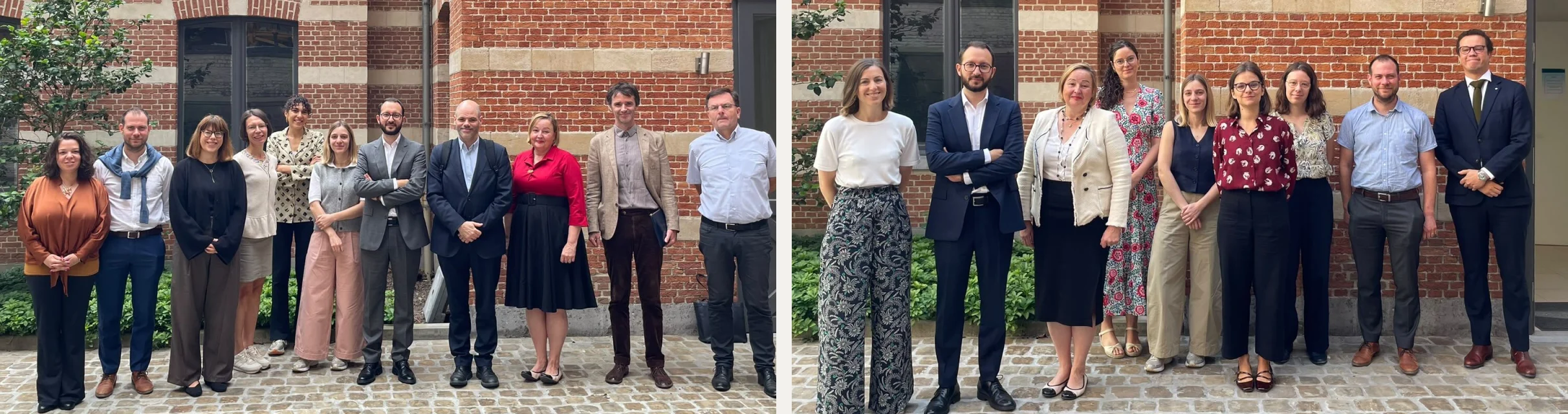 Two group photos of Efficient Buildings Europe members with José Matos (Permanent Representation of Portugal) and Nour Khater (Permanent Representation of France)