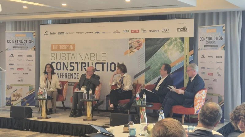 Panel on digitalisation in construction at the European Sustainable Construction Conference 2025 in Brussels, with Adrian Joyce and Allison Scott (Autodesk)